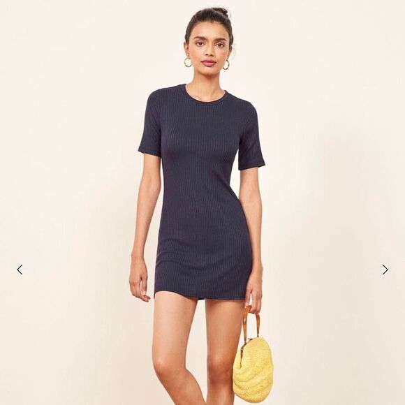 Reformation Gigi Ribbed Knit Navy Blue Mini Dress Size XS Casual Travel Stretch - Picture 1 of 8